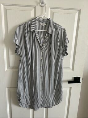 Madewell Navy Blue & White Vertical Stripe Short Sleeve Button-Down Shirt Dress